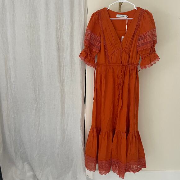 NWT SELF-PORTRAIT Lace Trim Satin Twill Ruffle Midi Dress In Orange Size 0 UK 4 - Picture 3 of 11